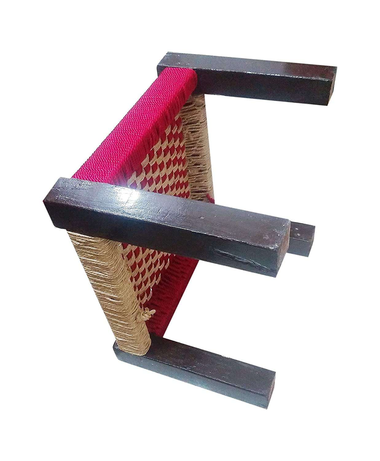 Wooden Chowki With Weaving Red and Beige Chess Borad