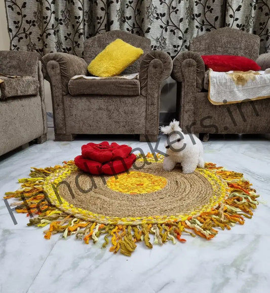 Round jute indoor area rug with contrasting beige and yellow stripes