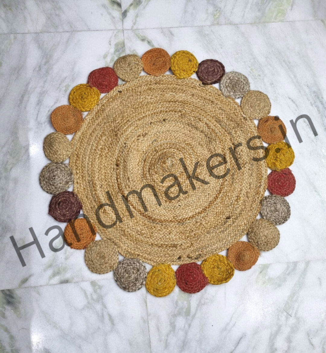 Handmakers Jute and cotton are rug with multiclored outer circle for living room