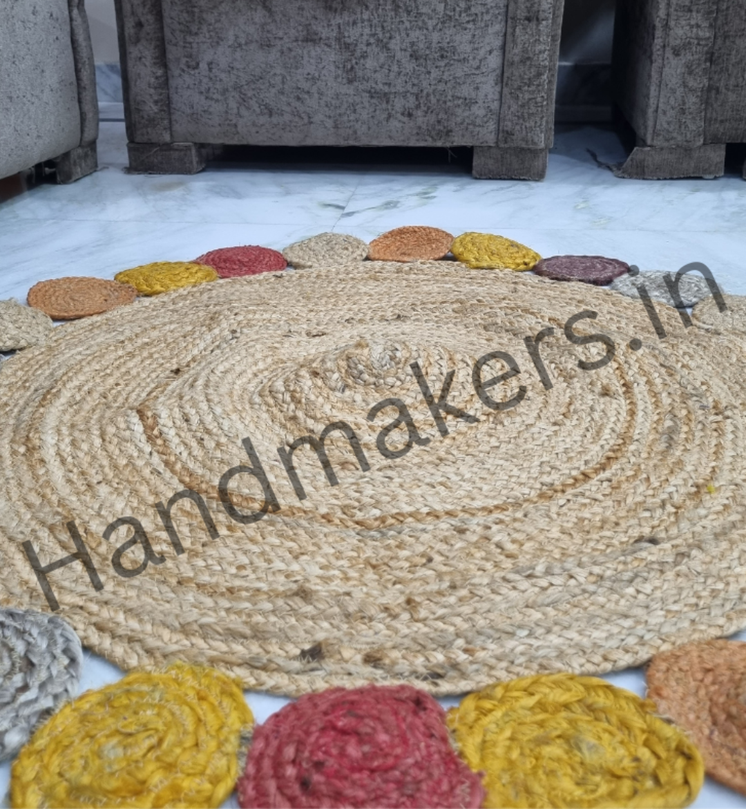 Handmakers Jute and cotton are rug with multiclored outer circle for living room