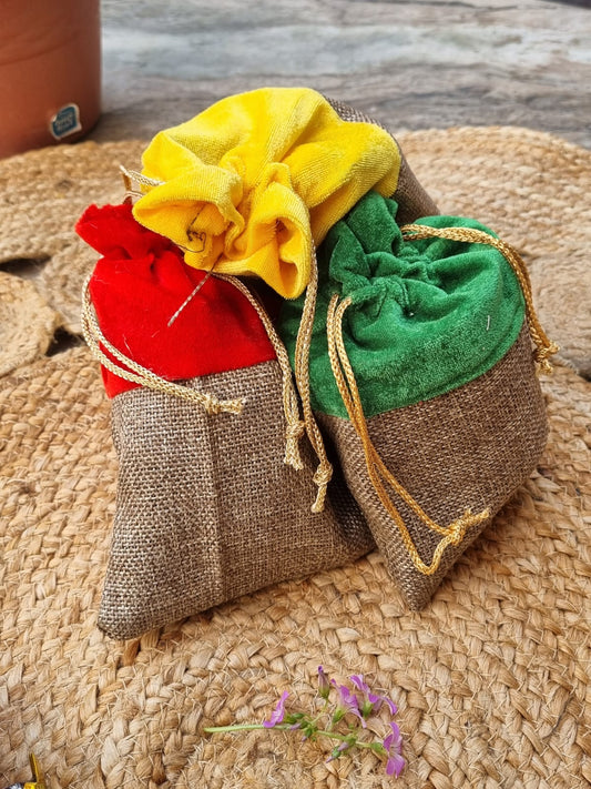 Handmakers Red Yellow Velvet with Eco Fabric Potli bags for wedding (set of 4)