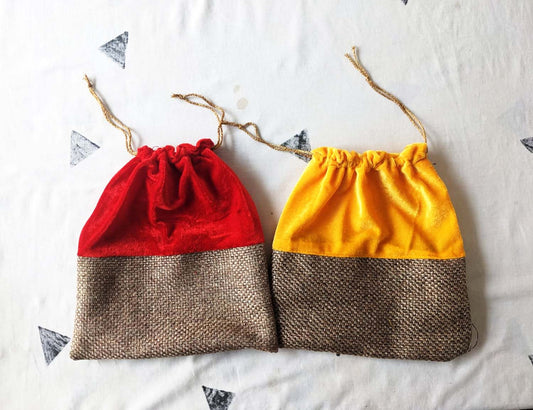 Handmakers Red Yellow Velvet with Eco Fabric Potli bags for wedding (set of 4)