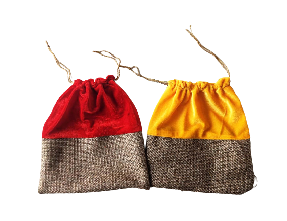 Handmakers Red Yellow Velvet with Eco Fabric Potli bags for wedding (set of 4)