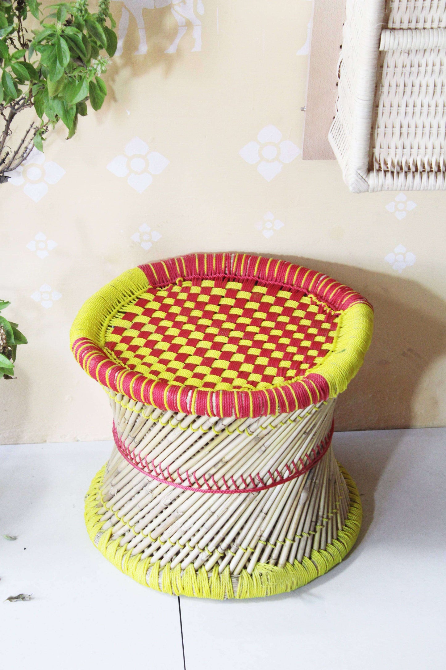 Yellow & Red Bamboo Stool