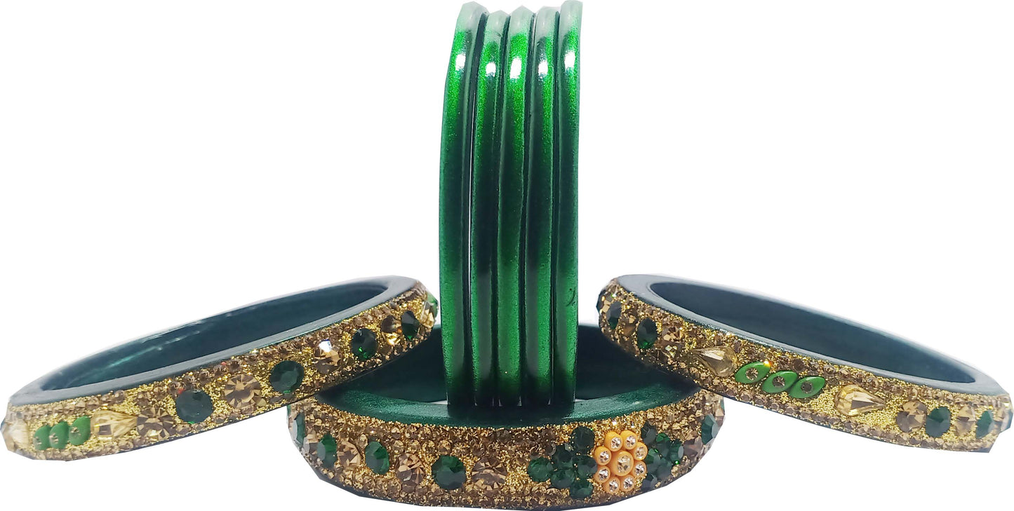 Enthic Traditional Rajasthani Bradal And Partywear Lac Bangles For Women in Green Color set of (7+7)