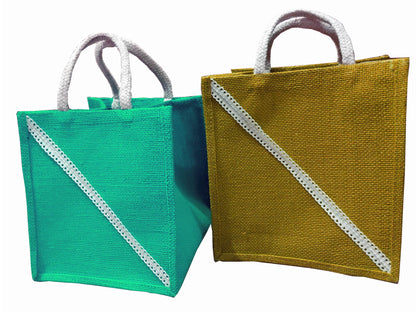 Handmakers Small Jute Gift Bags with Blue Green color for Gifts (Set of 2)