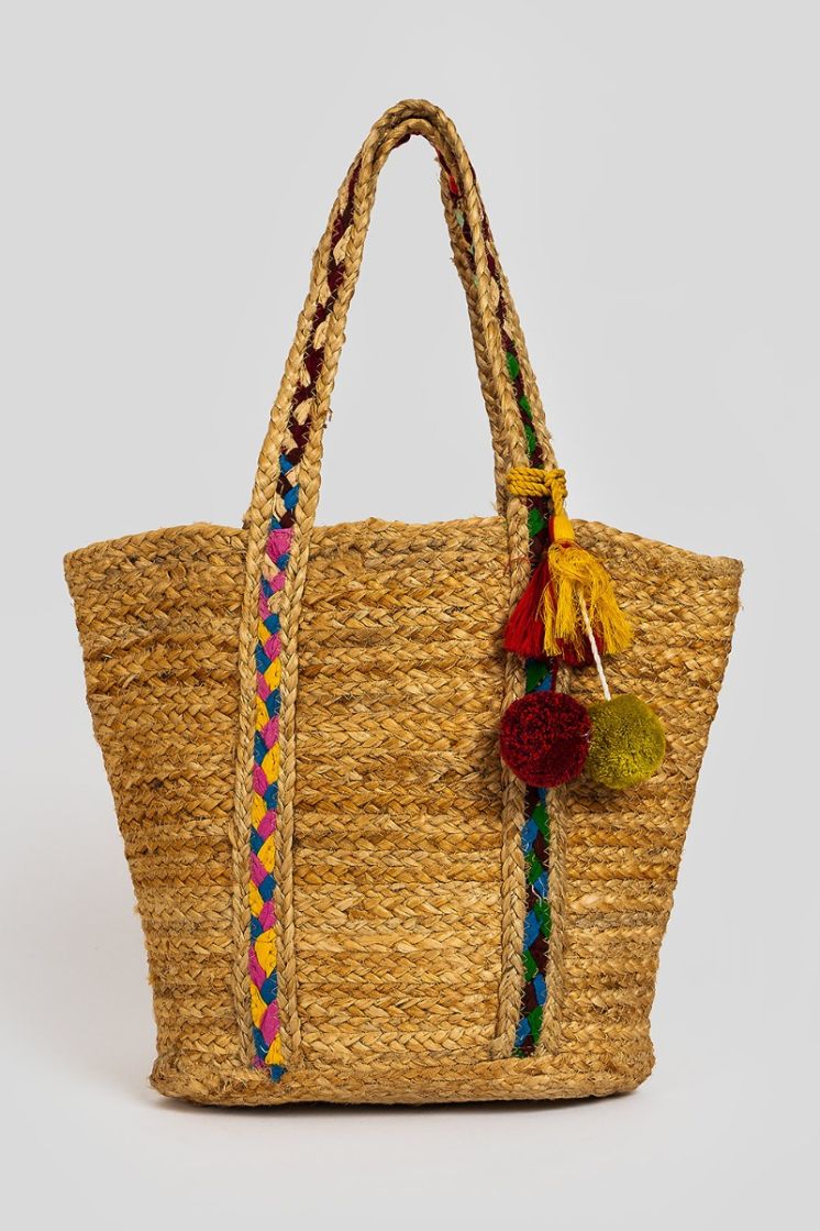 White Jute braided Handbags -  With Flower Design Handmade Jute Bag