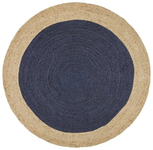handwoven jute rug with blue and beige stripes.