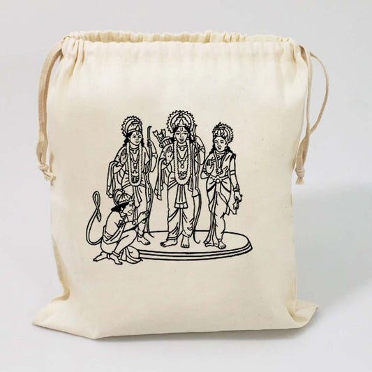 Handmakers Ram darbar Black Print Canvas White Potli Bag for Gifts Ideas