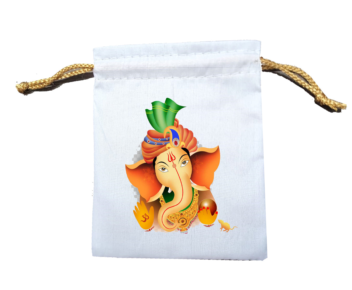 Handmakers Multicolor  Ganesh Print Cotton White Potli Bags 5X7inch Pack of 10